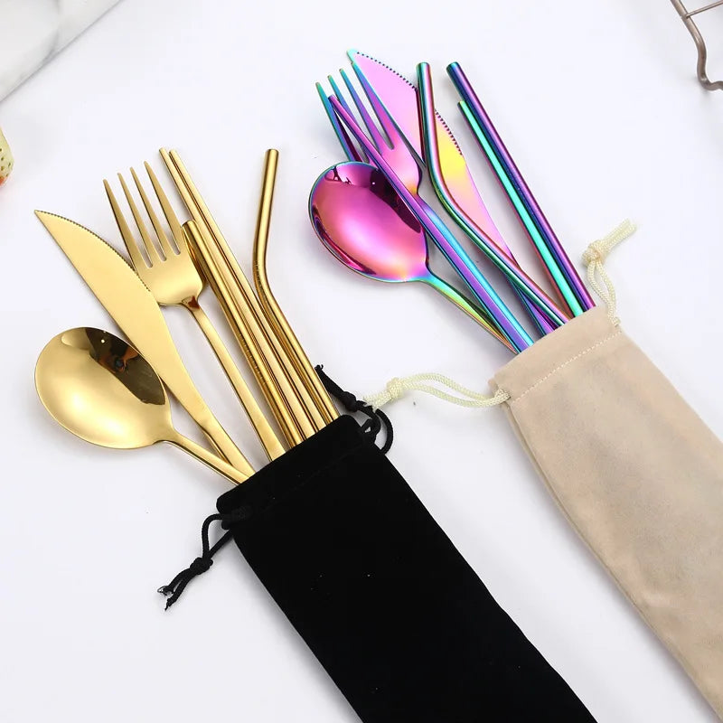 Gold Silverware Spoons Forks Knives Silverware 304 Stainless Steel Cutlery Travel Set with Straw