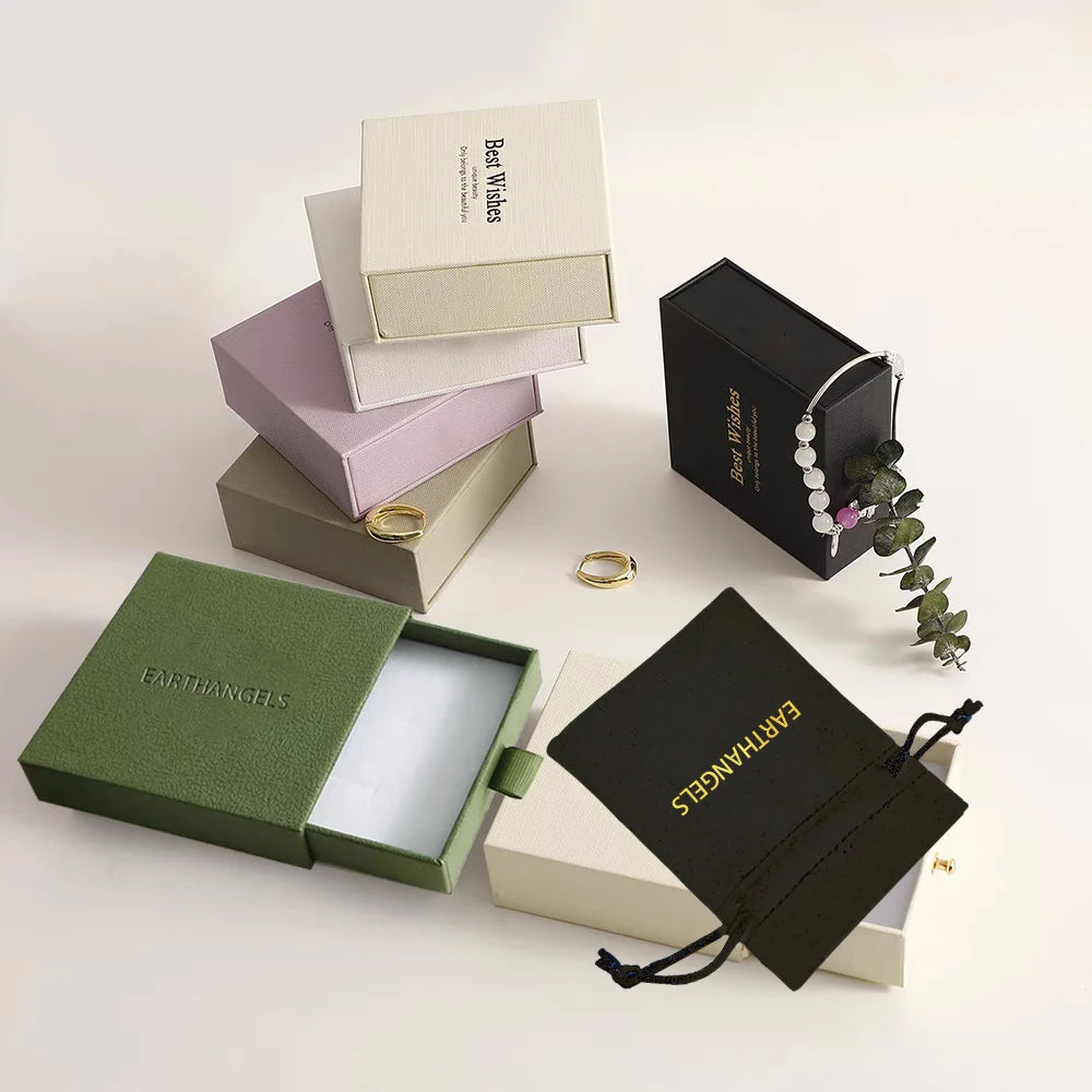 Luxury Custom Logo Jewelry Box Gold Stamping Paper Drawer With Drawstring and Button Pouch for Packaging and Pouch Jewelry