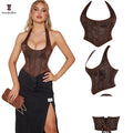 Removable Halter-Neck Brown Corset Top for Women Steam Punk Gothic Corselet Lacing Bandage Waist Trainer Bustier Size Xs-xxxxxxl