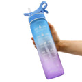2 in 1 34oz/1 Liter Plastic Drinking and Spraying Misting Water Bottle with Time Marker