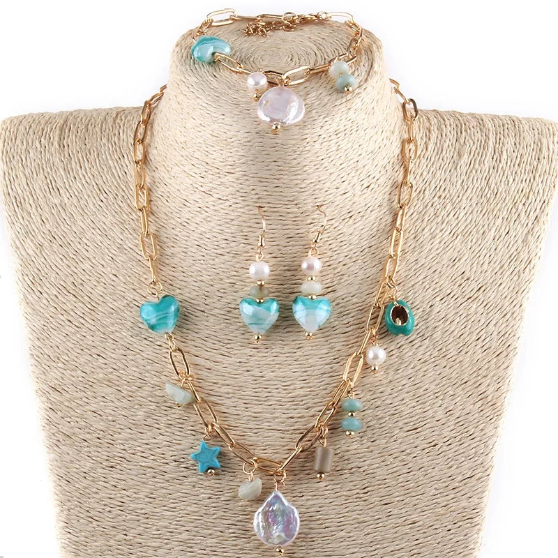 Fashion Delicate Collar De Perlas Natural Stone Turquoise Star Fresh Water Pearl Heart Chain Necklace Bracelet Earring Set