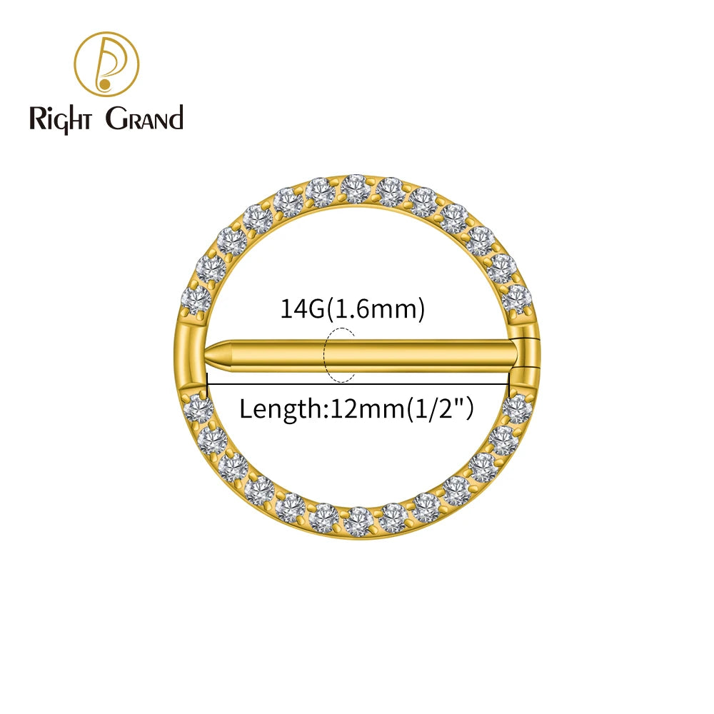 Right Grand ASTM F136 Titanium 14G Circular CZ Clicker Nipple Shield Jewelry Round Nipple Ring Barbell Piercing for Women Girls