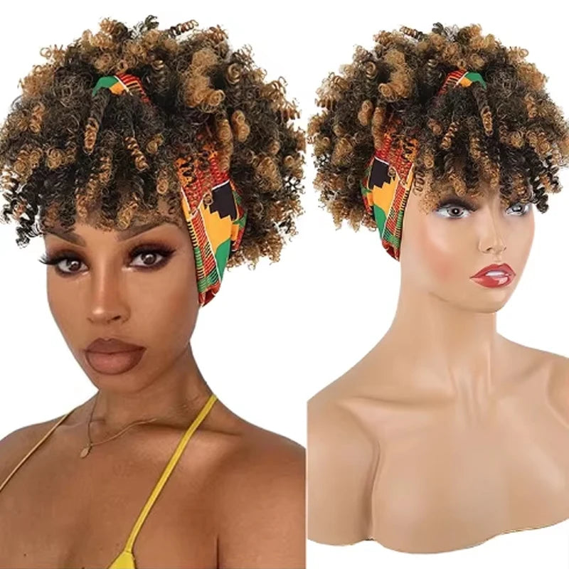 Kinky Curly Afro Puff Wig with Bangs Headband Afro Curly with Bangs Afro Wigs for Black Women Turban Wrap Wigs