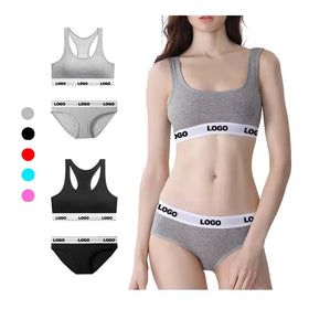 Wholesale Custom Logo Prints 2 Pieces MOQ Women's Sports Bra Set Plus Size Breathable Adjustable Spandex Lining Ladies Bra Set