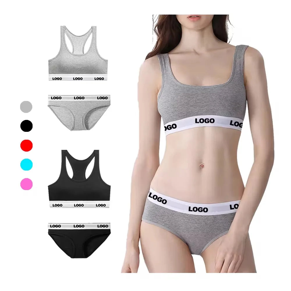 Wholesale Custom Logo Prints 2 Pieces MOQ Women's Sports Bra Set Plus Size Breathable Adjustable Spandex Lining Ladies Bra Set