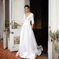New Simple Elegant Beach V-neck Long Sleeve Dress High Slit Sweep Train Soft Satin Wedding Dress Bridal Gowns Evening Dress