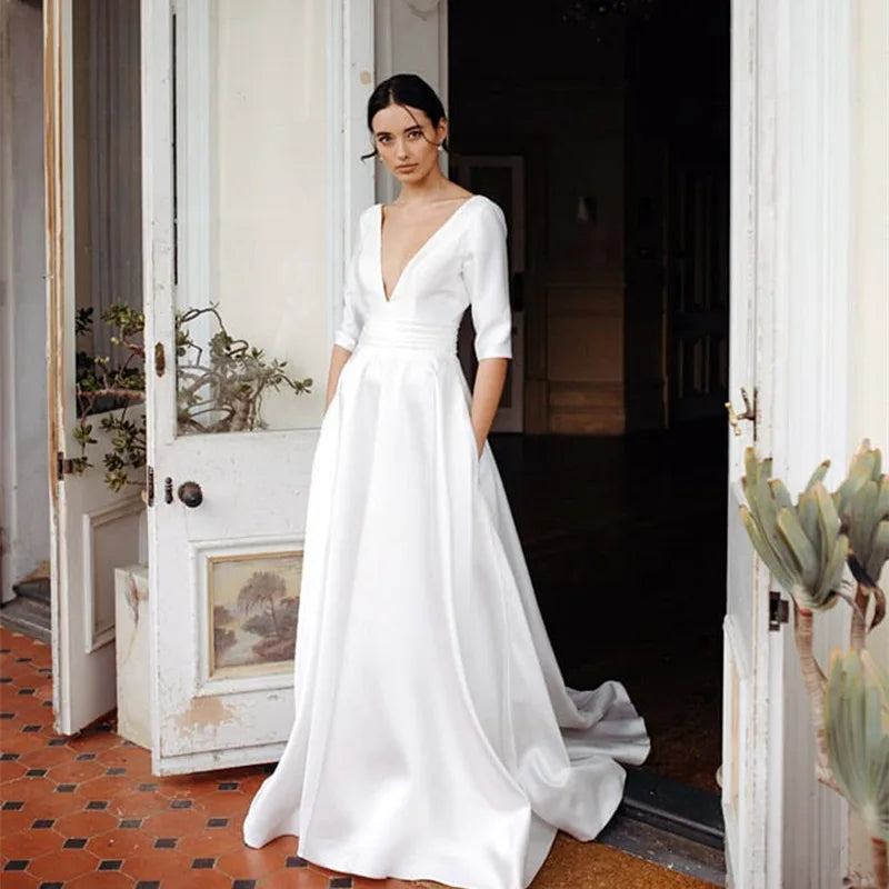 New Simple Elegant Beach V-neck Long Sleeve Dress High Slit Sweep Train Soft Satin Wedding Dress Bridal Gowns Evening Dress