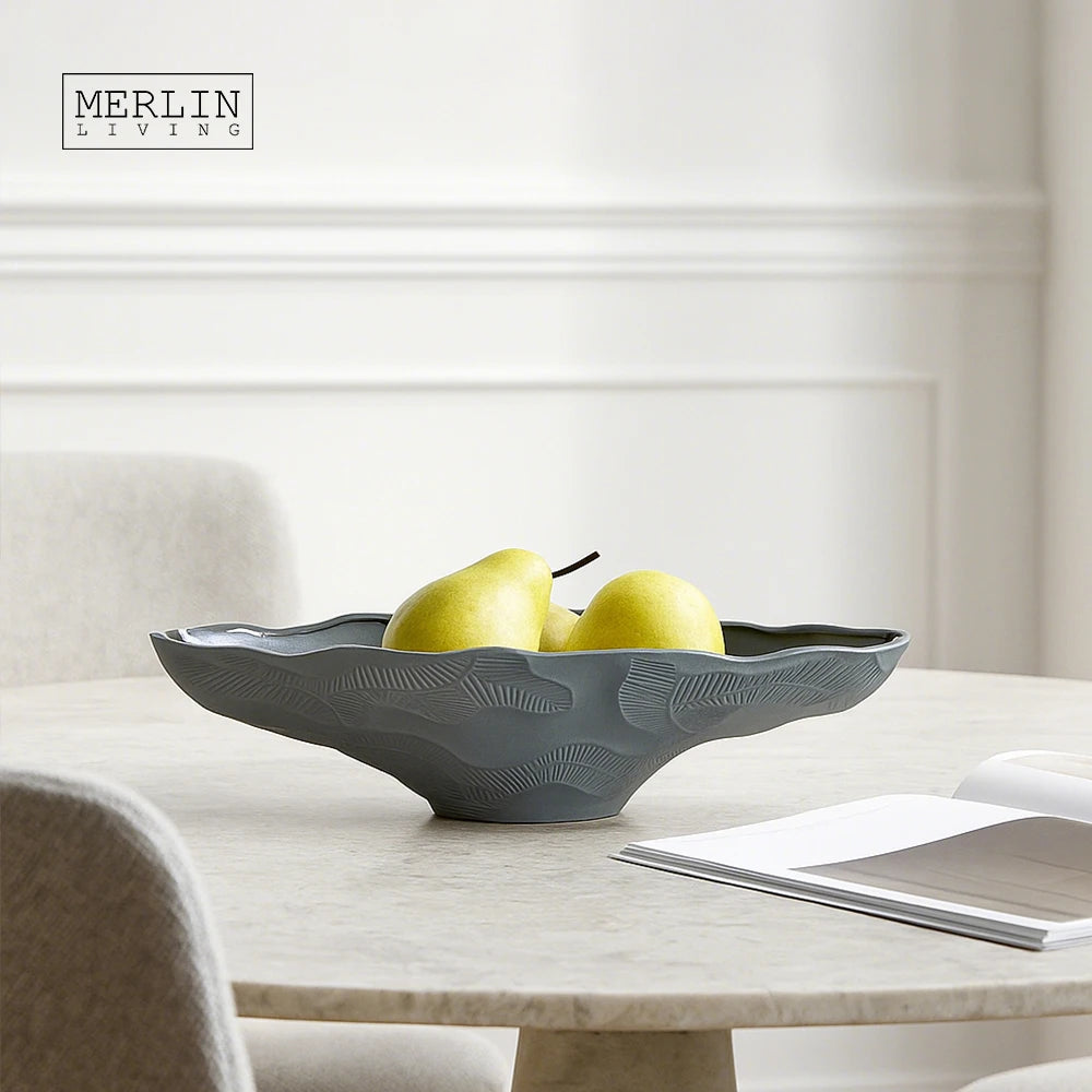 Merlin Living Modern Home Decor Ceramic Dry Fruit Bowl Table Decor Leaf Texture Long Plate Ceramic Chaozhou Ceramic Factory OEM