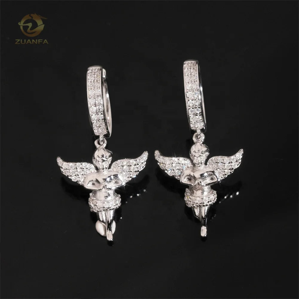 New Style Fashion Popular White Gold 925 Silver Drop Angle Charm Moissanite Hoop Earrings