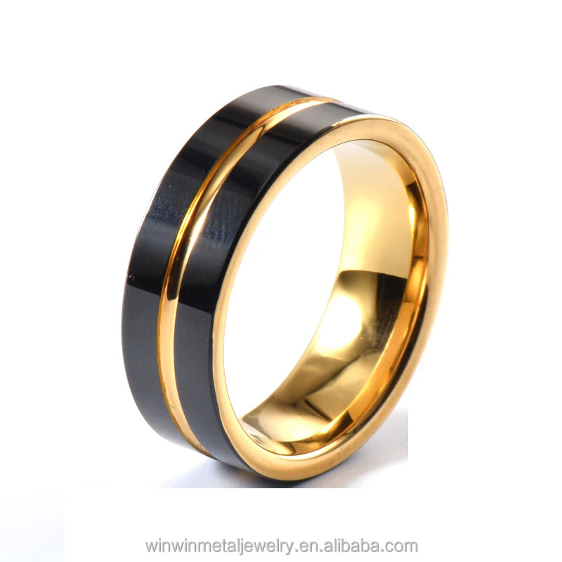 Stylish 8mm Polished Tungsten Wedding Band for Men Glossy 18K Gold with Black Plated Offset Grooves for Engagement and Party