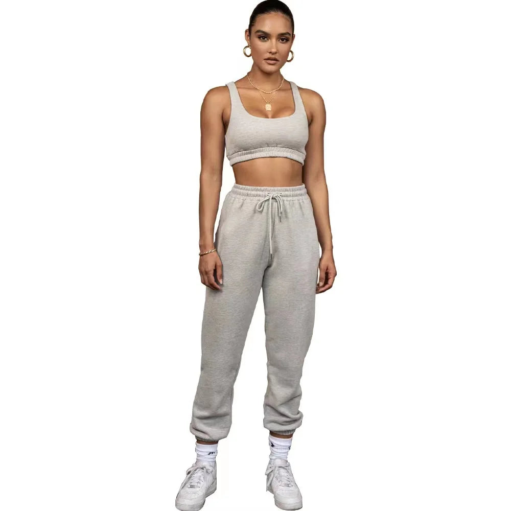 2026 New Women's Casual Two-Piece Suit Solid Pattern Lace-Up Pants with Navel Vest Twin Set Tracksuits for Spring Season