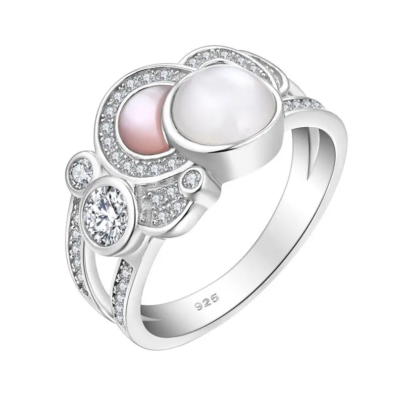 925 Sterling Silver Women's White Shell Ring with Cubic Zirconia Moon Stone Pearl Resin Ashes 7.5Mm White Moonstone Jewelry