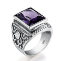 Vintage 925 Silver Ottoman Tugra Rings Turkey Amethyst Big Gemstone Rings for Men Silver 925 Sterling