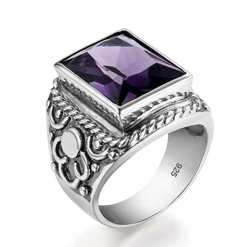 Vintage 925 Silver Ottoman Tugra Rings Turkey Amethyst Big Gemstone Rings for Men Silver 925 Sterling