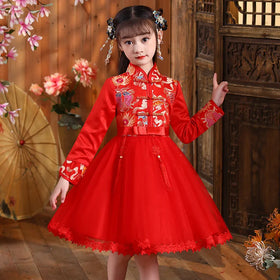 Autumn and Winter Girls' Dress XL Size Chinese Style Tang Costume Princess Dress With Fleece Top Pants New Year's Design