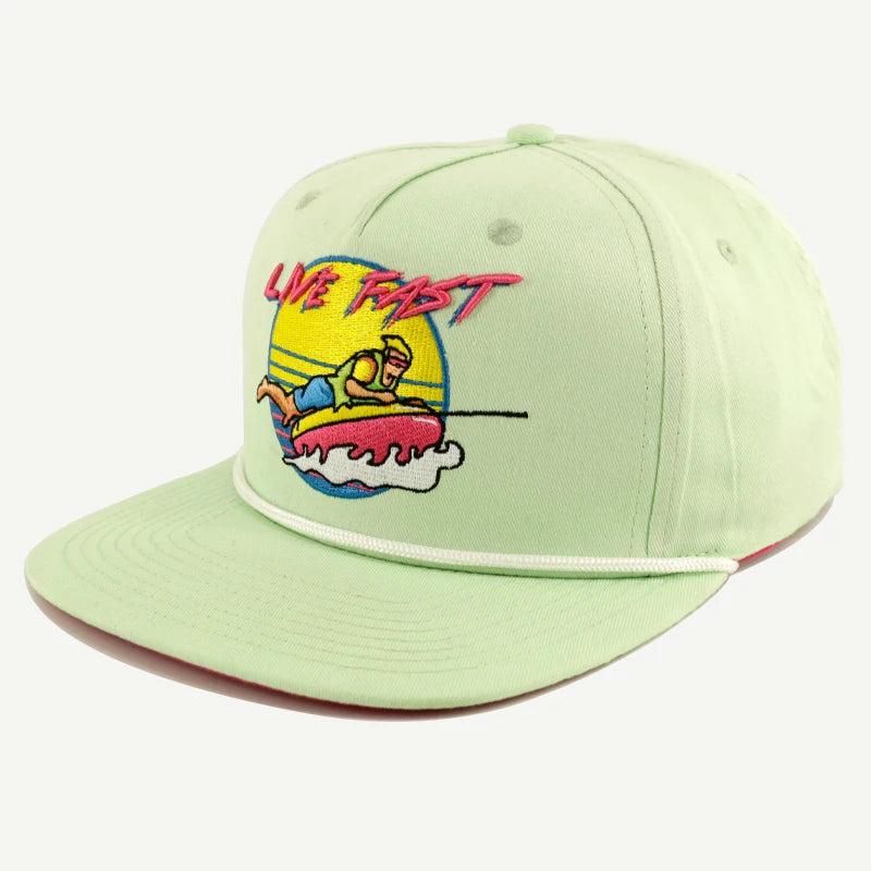 OEM Custom Design 5 Panel Embroidery Logo Flat Bill Rope Hat Snapback Cap With String
