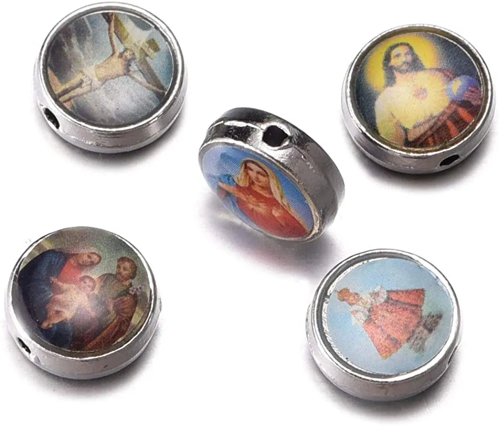 60 Mix Round Beads Enamel Lady Medal Floral Rosary Centerpiece Cross Jesus Virgin Mary Catholic Alloy 11mmx11mmx5mm