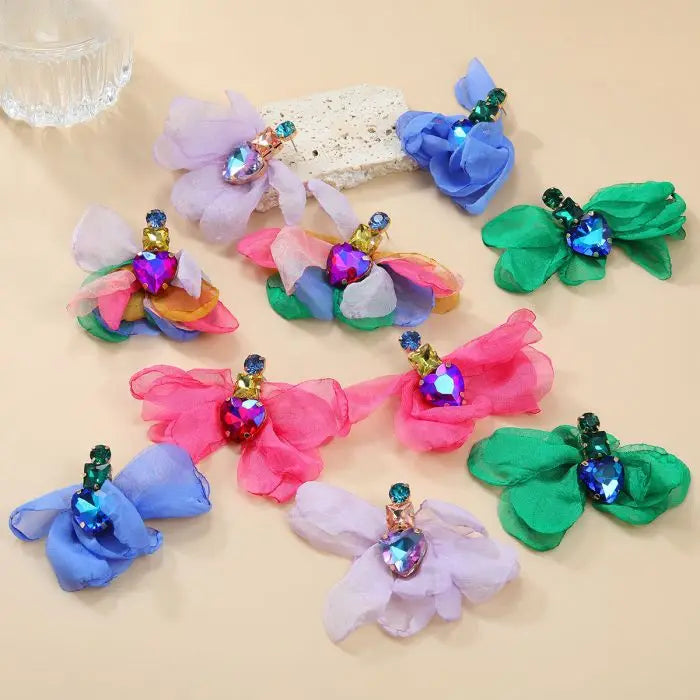 Elegant Bohemian Fabric Flower Drop Earings Dangle Handmade Layered Petal Fashion Jewelry Women Girls Earrings Bride Wedding