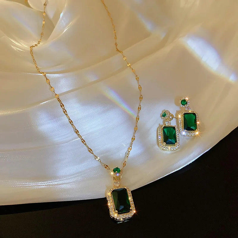 European Jewelry Shining Zirconia Square Necklace Jewelry Stainless Steel Green Zircon Necklace Earring Set