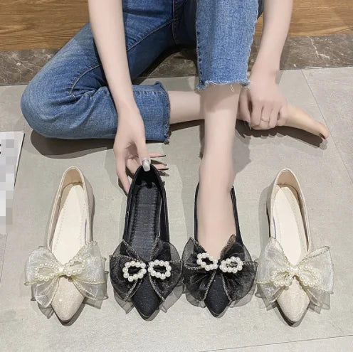 Summer New Pointed Toe Bow Ladies Pumps Flat Large Size Shoes  2207