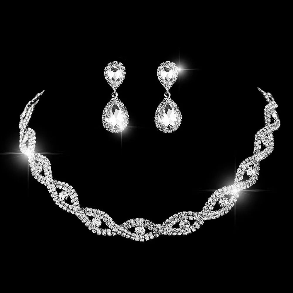Bridal Jewelry 3pcs Personality Crystal Rhinestone Diamond Necklace Earrings Bracelet Jewelry Set for Women Gift