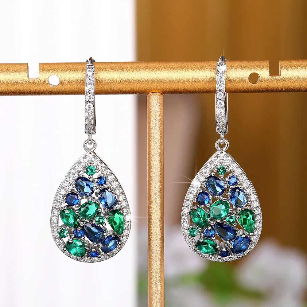 CAOSHI Silver Color Drop Earrings for Women Paved Zirconia Sparkling Green/Blue Crystal Elegant Lady Flower Pendant Earrings