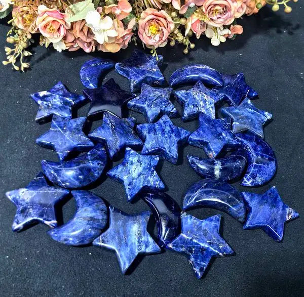 Natural Sodalite Moon and Star Crystal Carving Gemstones Healing Stones Crystal Heart Moon Star Pendants