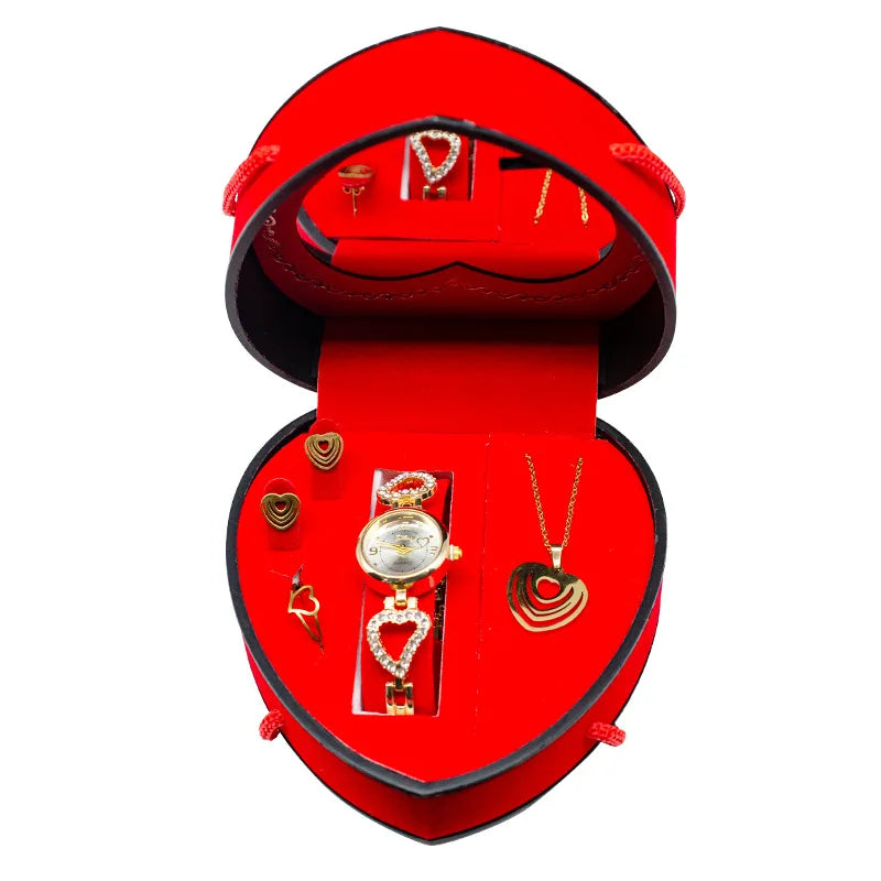 Mother's Day Gift Set Box Stainless Steel Necklace Earrings Ring Red Peach Heart Gift Box Holiday Light Luxury Women's Watch Set
