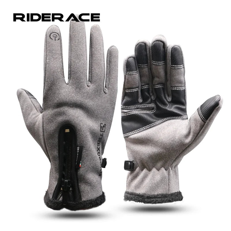 RIDERACE Waterproof Winter Cycling Gloves Bicycle Warm Touchscreen Full Finger Gloves Unisex Outdoor Sports Ski Riding Equipment