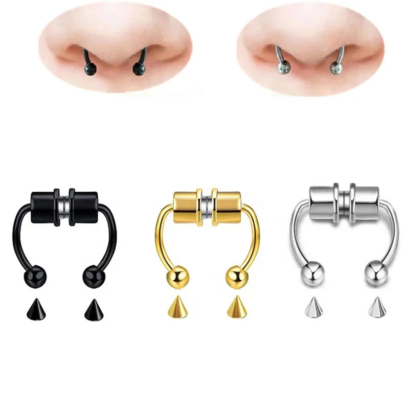 Unisex Stainless Steel Magnetic Nose Ring Gold Plated Fake Piercing with Cone Balls Reusable Wedding Fashion Jewelry