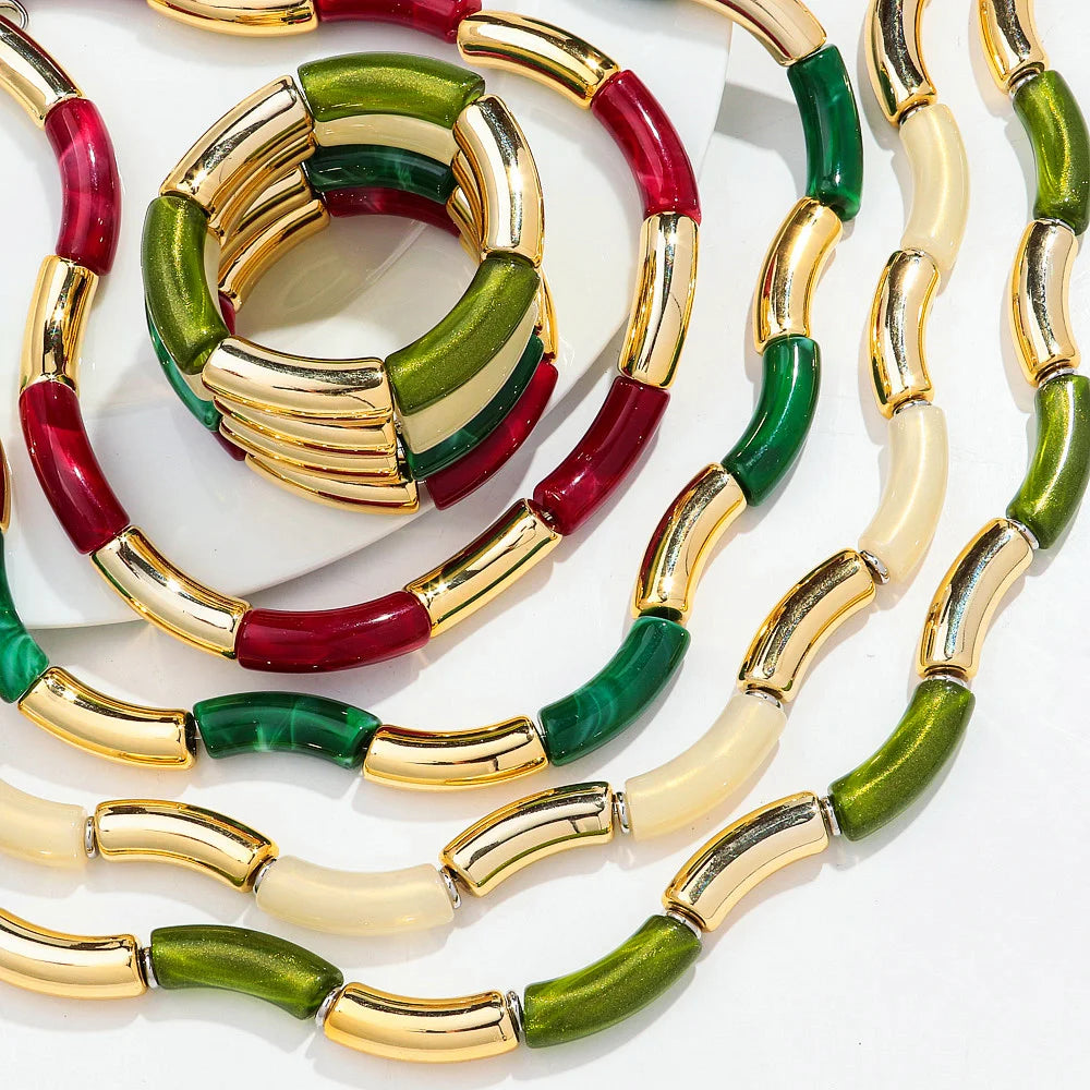 Bohemian Holiday Casual Marble Resin Bamboo Jewelry Bracelet 18k Gold Plated Ccb Creative Acrylic Necklace Jewelry Set for Women