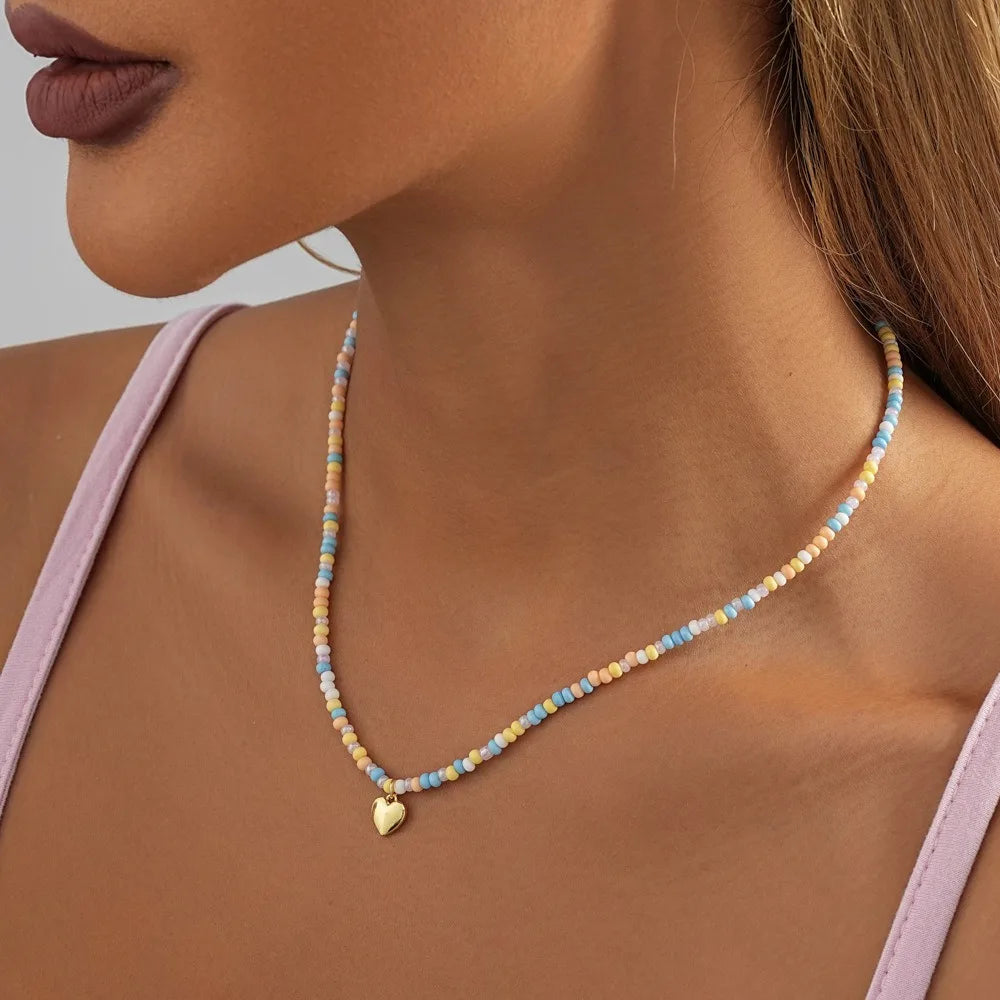 Hot Selling Handmade Necklace Classic Mini Beads Clavicle Necklace Trendy 18K Gold Plated Heart Shape Charm Jewelry for Women