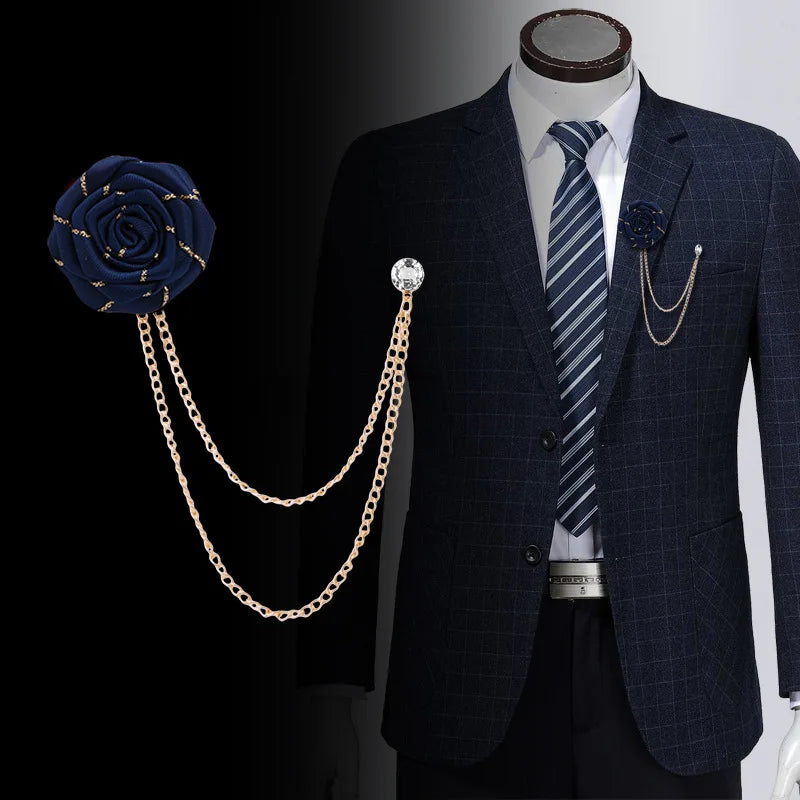 Retro Chain Tassel Pins Brooch Fashion Men Suit Brooch Handmade Cloth Rose Flower Brooch (KBL156)
