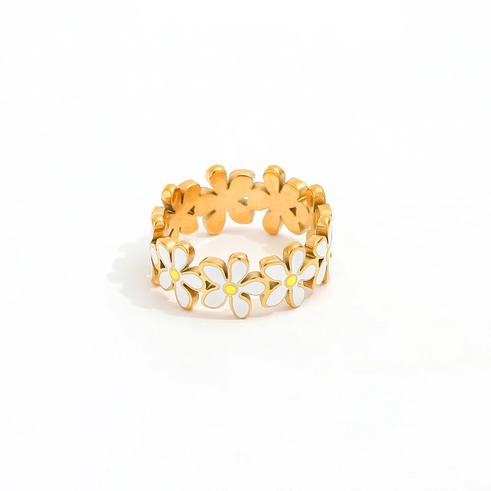 High End 18K Plain Gold Daisy White Enamel Rings Stainless Steel Trendy Simple Gold Plated Jewelry