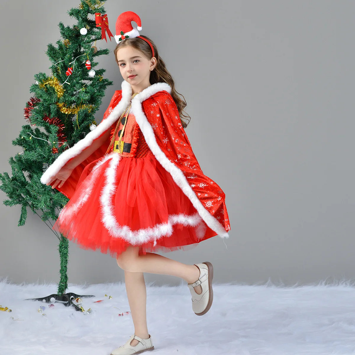 2026 New Design Child Girls Cape Costume Set Santa Claus Red Clothing Holiday Christmas Tutu Dress With Headband