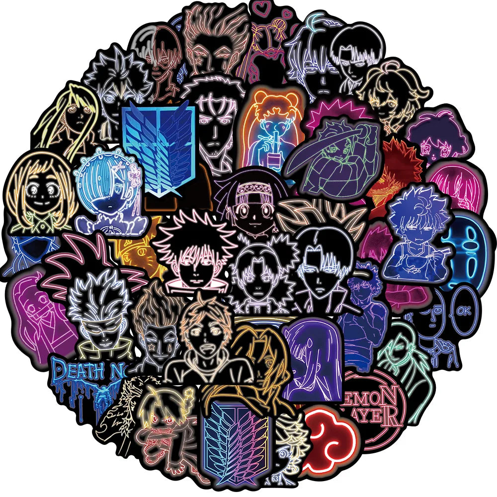 50Pcs Anime Neon Mix Package Stickers Decorative Label for Luggage Laptop Guitar Notebook Skateboard PVC Waterproof Sticker