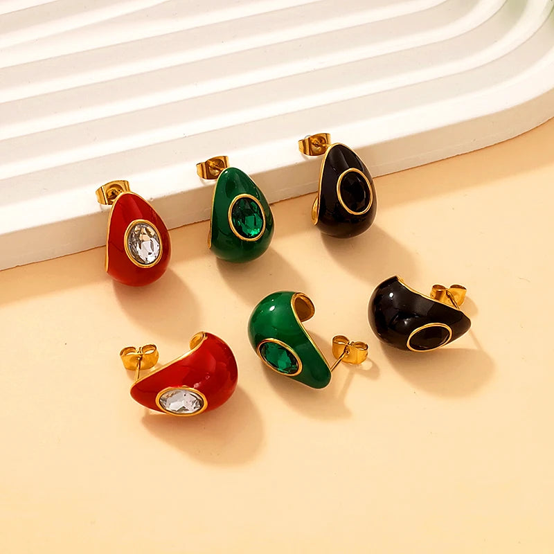 Fashionable Customized Stainless Steel Italian Jewelry Wholesale Gold Vermeil Diamond Waterdrop Enamel Stud Earrings for Women