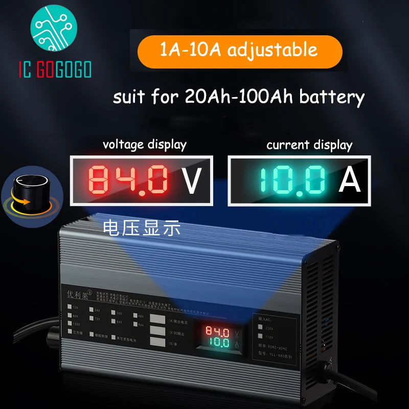 48V 58.4V 72V 60V 67.2V 84V 87.6V Li-ion LiPo Lifepo4 Lithium Battery Charger Curren Adjust 10A 5A Fast Charge Ebike 16S 20S 24S