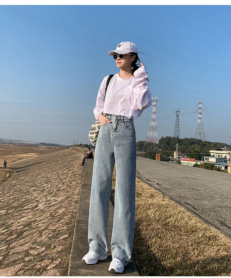 Wide Leg Jeans for Women Bottom Baggy Denim Pants High Waist Full Length Clothing Trousers Vintage StreetwearNew