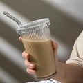 Hot Sale Transparent Glass Tumbler Ribbed Vertical Stripes Bubble Tea Cup with Lid and Straw