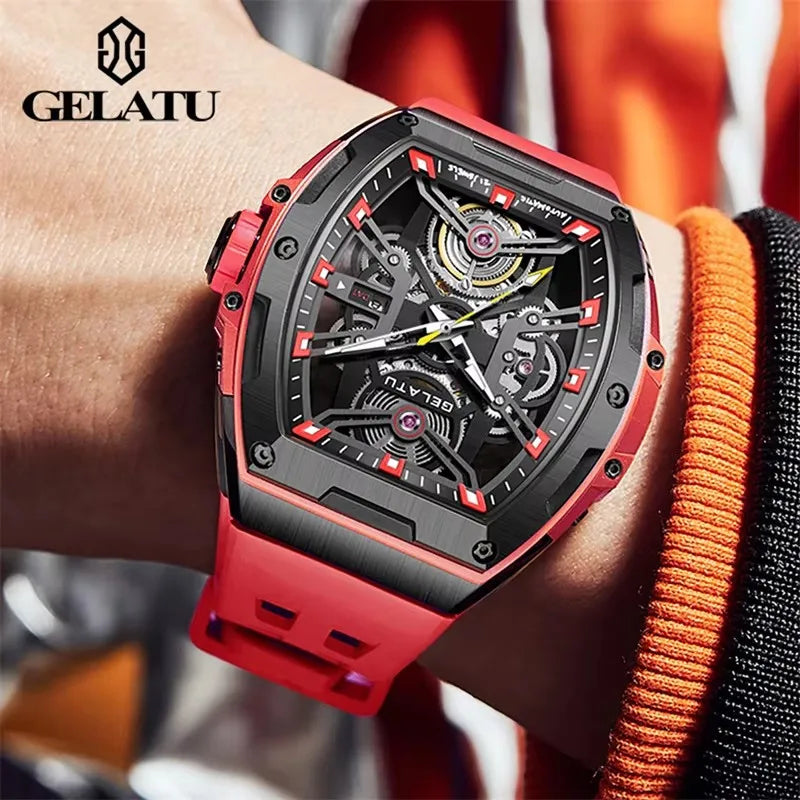 GELATU 6012 Men Fashion Watch Brand Automatic Mechanical Watch Waterproof Skeleton Sports Silicone Watch Strap Relios Masculino