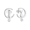 New Fashion Handmade 925 Sterling Silver Cat on Half- Moon Design Stud Earrings for Women Simple Korean Style Moon Ear Jewelry