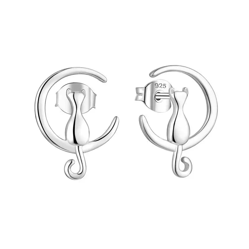 New Fashion Handmade 925 Sterling Silver Cat on Half- Moon Design Stud Earrings for Women Simple Korean Style Moon Ear Jewelry