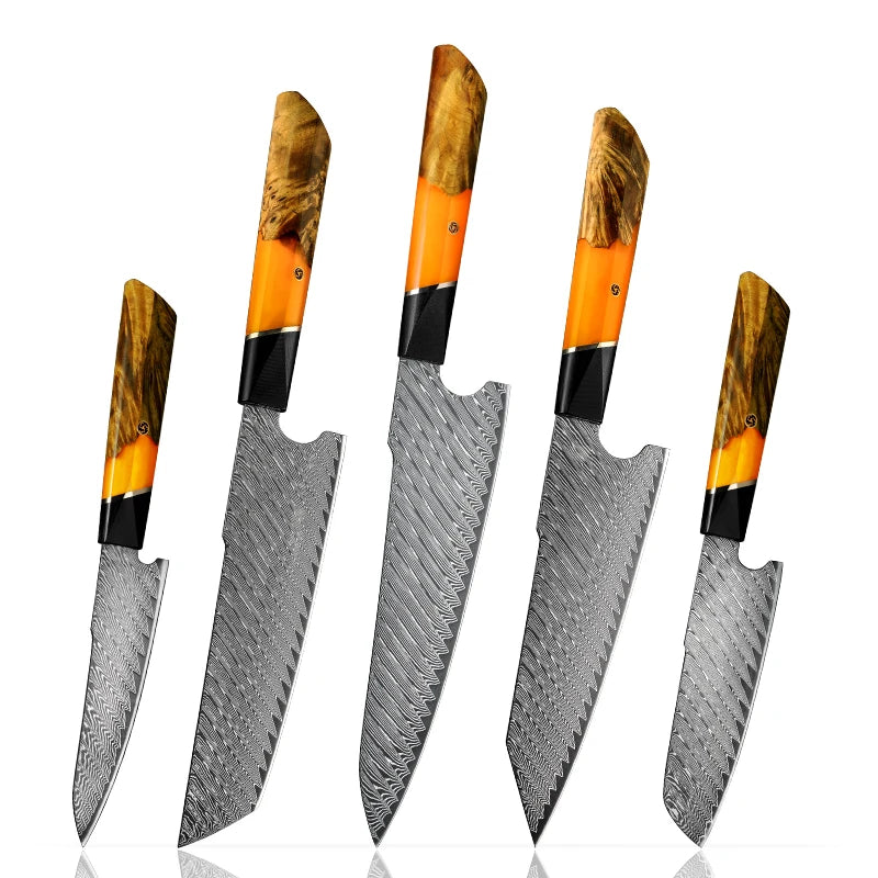 Grandsharp 5 Pcs Damascus Knife Set 67 Layers Damascus Steel Kitchen Chef Knife Nakiri Kiritsuke Knife Set Wood Resin Handle