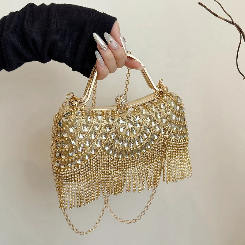 New Fashion Women Luxury Square Clutch Bag Ladies Tassel Evening Rhinestones Handbag Chain Shoulder Lady Wedding Party Purse Bag