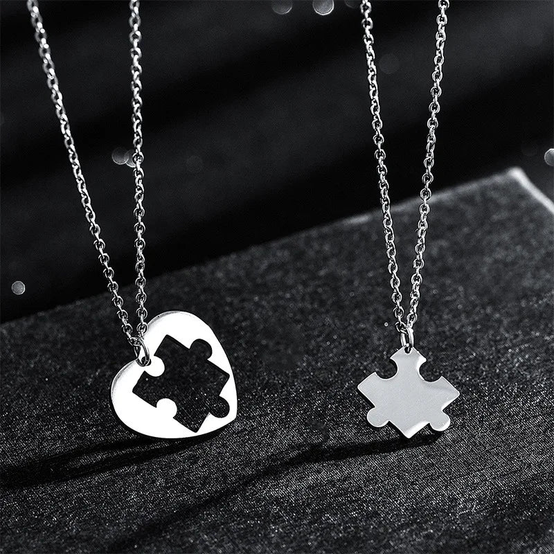 2PCS/PAIR Non Tarnish Silver Plated Stainless Steel Heart Shaped Pendant Couple Matching Puzzle Necklace Jewelry for Lovers