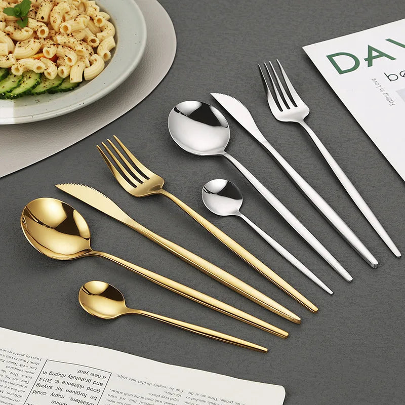 Eco-Friendly Stainless Steel Flatware Set Elegant Gold Silverware Modern Design Cutlery Cheap Bulk Knife Fork Spoon