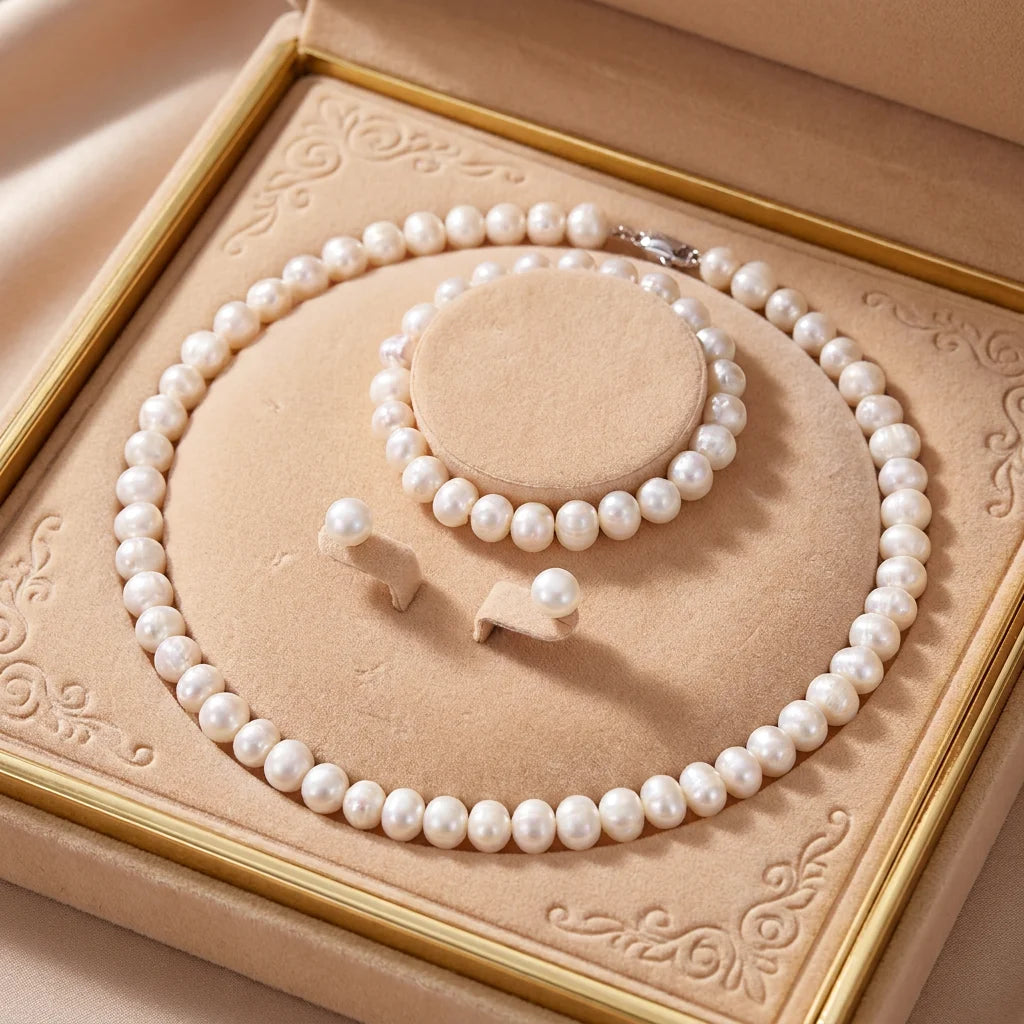 925 Sterling Silver Natural Freshwater Pearl Necklace & Earrings Set with Round White Pearls for Women Birthday Anniversary Gift