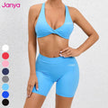 Janya Women's Gym Fitness Sets Quick Dry Breathable Sportswear Front Twist Sports Bra Scrunch Butt Yoga Shorts Solid Yoga Sets