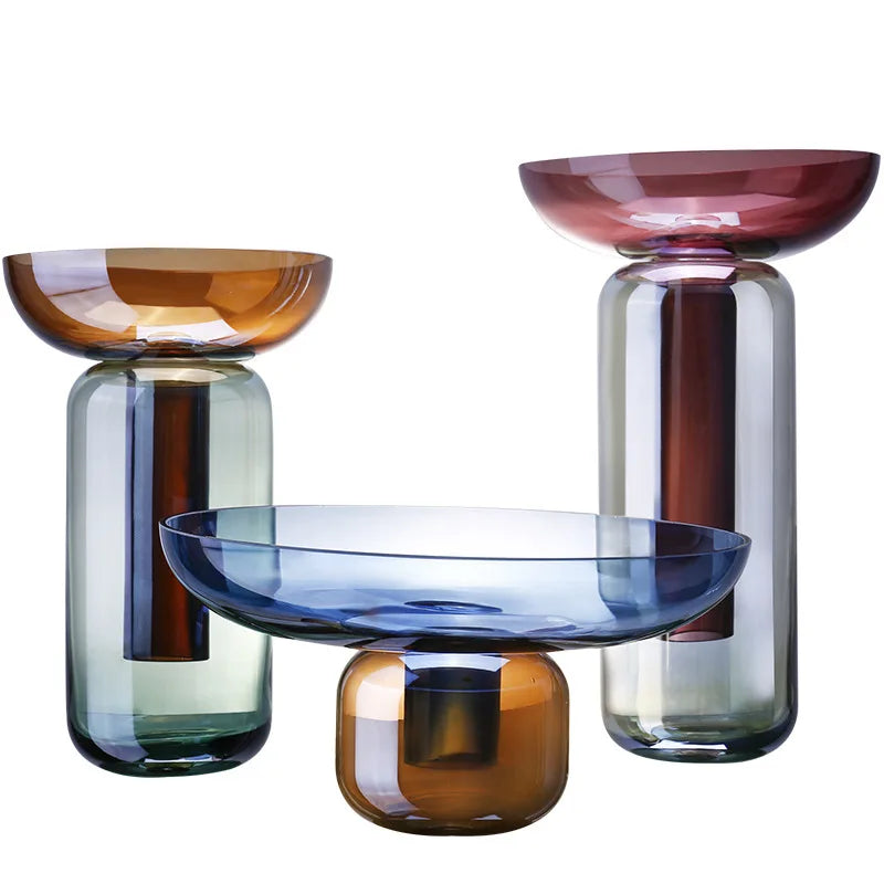 Hot Sale Minimalist Glass Mushroom Vase Irregular Shape Cylindrical Thick Color Glass Vase for Home Decoration